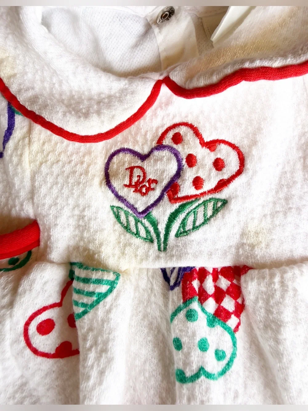 BABY DIOR Vintage 100 Percent Cotton White Baby Bodysuit with Hearts Red Trim